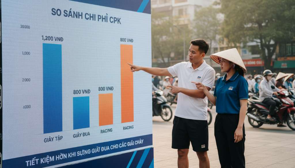 Một infographic thiết kế hiện đại, sử dụng biểu đồ cột để so sánh chi phí CPK giữa giày tập và giày đua, tông màu xanh dương và cam năng động.