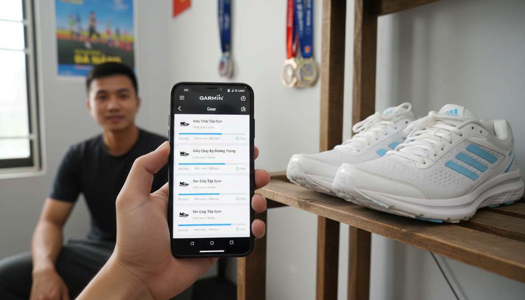 Ảnh chụp màn hình điện thoại đang mở ứng dụng Garmin Connect, hiển thị danh sách giày với thanh tiến trình số km đã chạy, bên cạnh là một đôi giày sạch sẽ đặt trên kệ.