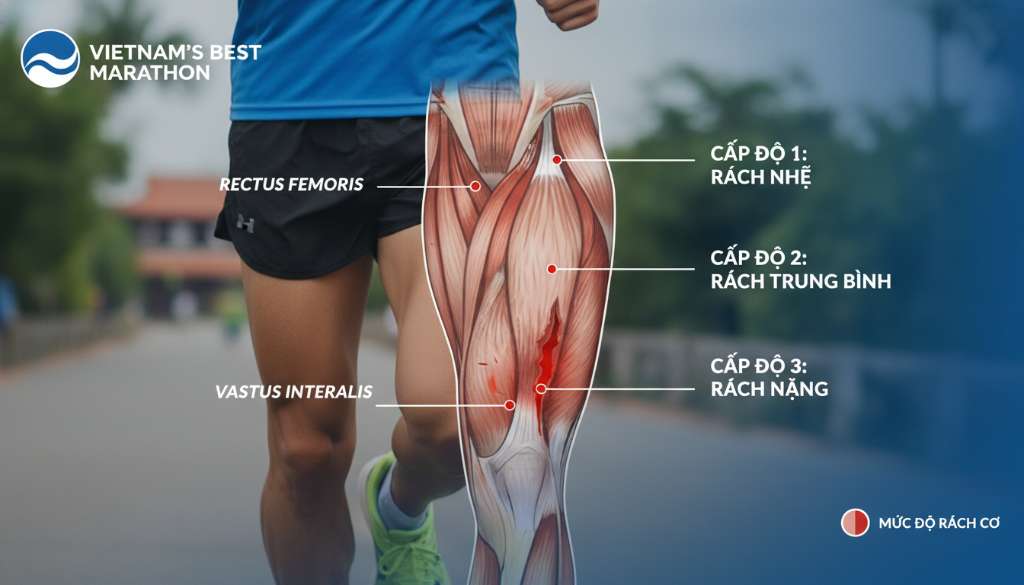 Một hình ảnh đồ họa (Infographic) hiện đại, minh họa cấu tạo 4 đầu cơ của nhóm cơ tứ đầu đùi với các vùng màu đỏ cảnh báo mức độ rách cơ từ 1 đến 3. Thiết kế sạch sẽ, sử dụng tông màu xanh thương hiệu của Vietnam's Best Marathon.