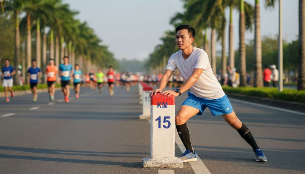 Ảnh minh họa một runner đang thực hiện động tác kéo giãn bắp chân (calf stretch) bên lề đường chạy marathon, tay tựa vào một cột mốc km, gương mặt bình tĩnh xử lý, phía xa là các runner khác đang chạy qua.