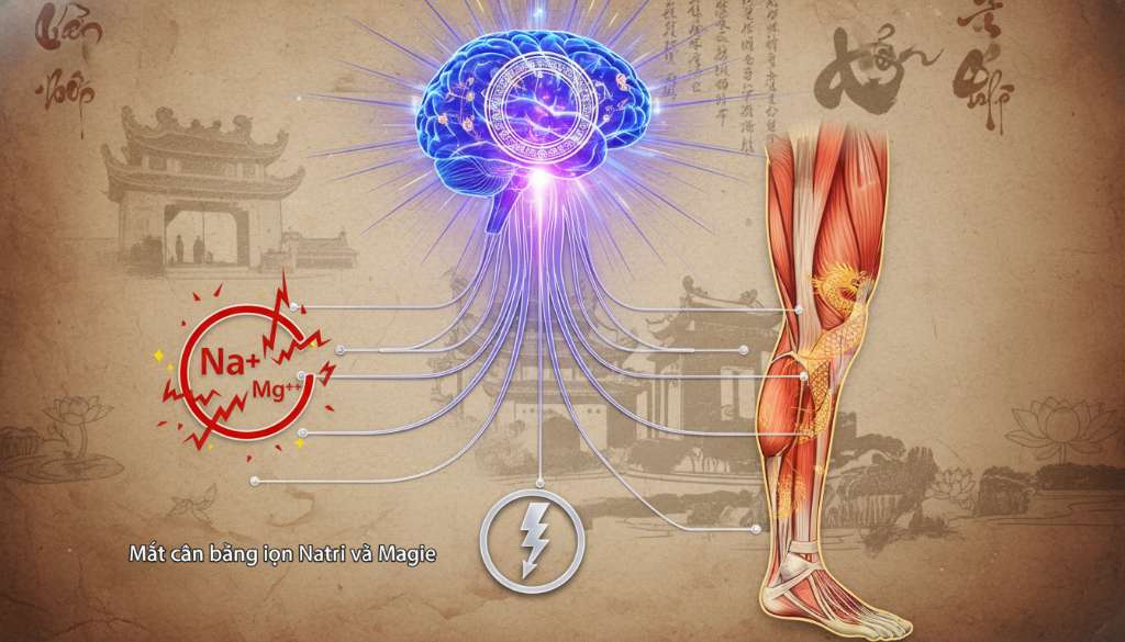 Một sơ đồ Infographic nghệ thuật mô tả mối liên hệ giữa não bộ, hệ thần kinh truyền tải tín hiệu đến các thớ cơ bắp chân, với các icon minh họa cho sự mất cân bằng ion Natri và Magie.
