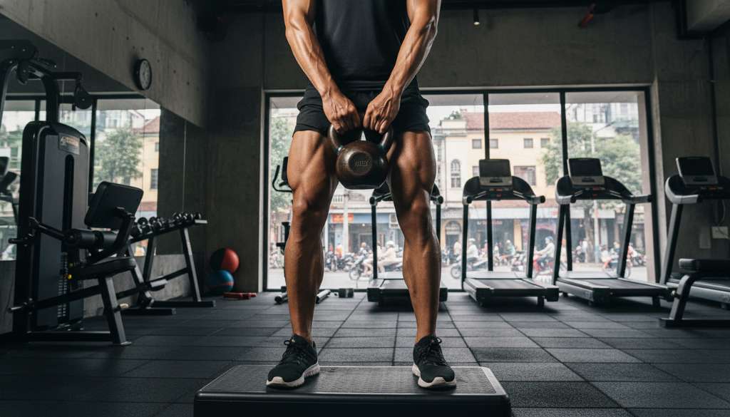 Ảnh một runner đang tập bài tập nhón gót (Calf Raises) với tạ bình vôi (Kettlebell) trong phòng tập hiện đại, ánh sáng tập trung vào cơ bắp chân săn chắc.