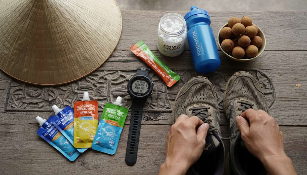 Ảnh flatlay sắp xếp nghệ thuật trên mặt gỗ gồm: các gói gel năng lượng, lọ viên muối điện giải, một chiếc đồng hồ Garmin, đôi giày chạy bộ chuyên dụng và một bình nước thể thao.