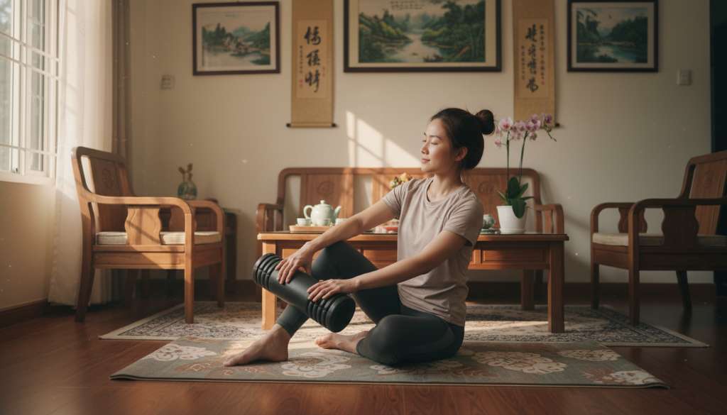 Ảnh một runner đang ngồi trên thảm tập, sử dụng con lăn (Foam Roller) để lăn bắp chân một cách thư giãn trong phòng khách ấm cúng vào buổi chiều tà.