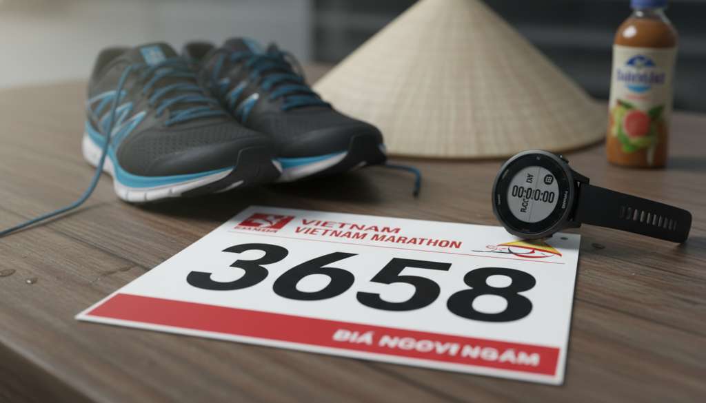 Ảnh chụp cận cảnh một chiếc BIB marathon đặt trên mặt bàn gỗ, bên cạnh là một đôi giày chạy bộ chuyên nghiệp và một chiếc đồng hồ Garmin. Ánh sáng dịu nhẹ tập trung vào số BIB, tạo cảm giác chuẩn bị chu đáo cho một cuộc đua.