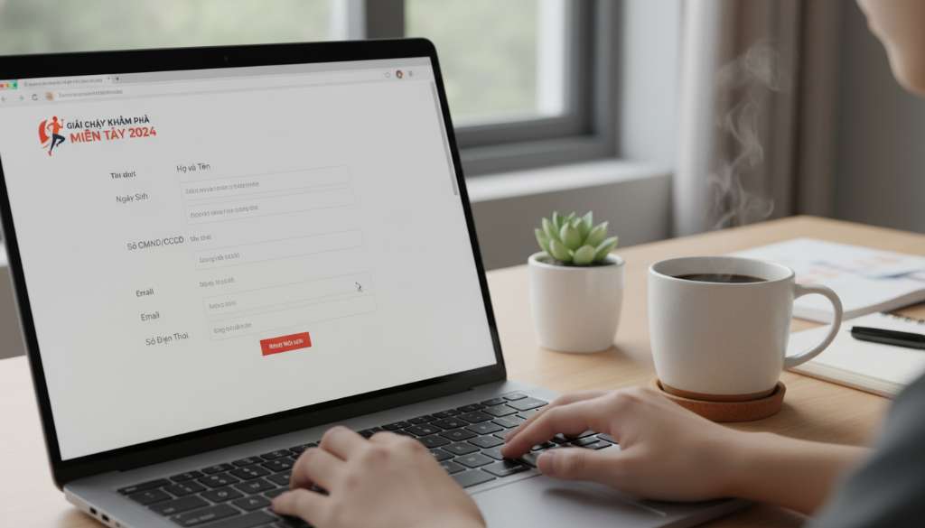 Ảnh chụp màn hình giao diện web đăng ký giải chạy trên một chiếc máy tính xách tay hiện đại, các ô điền thông tin vận động viên đang được nhập liệu, bên cạnh là một ly cà phê, thể hiện sự chỉn chu trong khâu chuẩn bị.