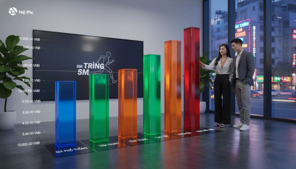 Biểu đồ cột 3D sáng tạo so sánh các mức giá chạy bộ, các cột màu sắc rực rỡ thể hiện sự chênh lệch chi phí, đặt trong một bối cảnh tối giản hiện đại.