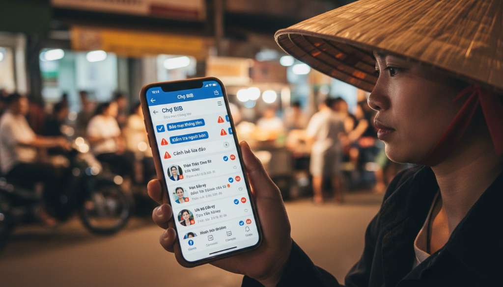 Ảnh chụp một chiếc điện thoại hiển thị giao diện nhóm Facebook 