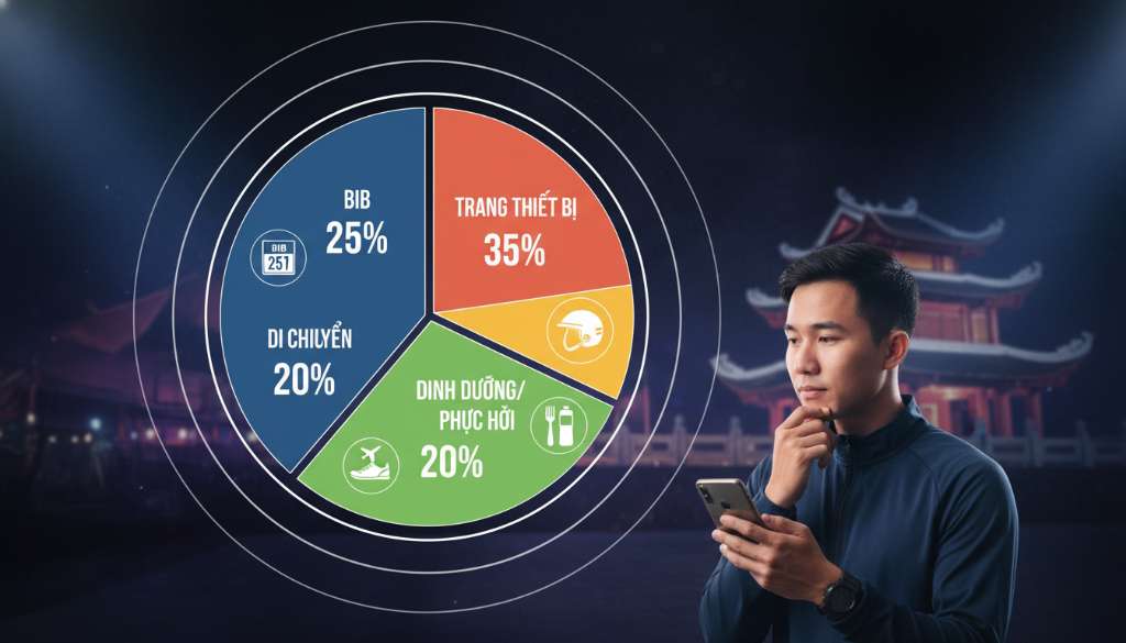 Một biểu đồ Infographic hình tròn đầy màu sắc, phân chia tỷ trọng các chi phí: 25% cho BIB, 35% cho trang thiết bị, 20% cho di chuyển và 20% cho dinh dưỡng/phục hồi. Thiết kế hiện đại, dễ đọc trên nền tối.