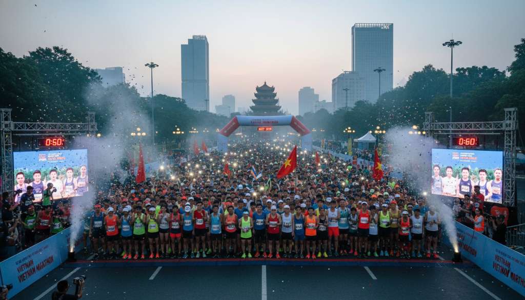 Hình ảnh hàng ngàn runner rạng rỡ tại vạch xuất phát lúc mờ sáng, ánh đèn flash phản chiếu lên những chiếc BIB gắn trên ngực áo, tạo nên một bầu không khí lễ hội thể thao sôi động.