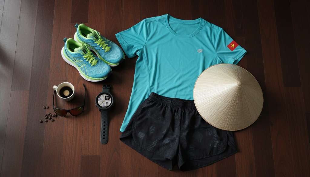 Ảnh nghệ thuật sắp đặt (flatlay) gồm một đôi giày chạy bộ đế dày chuyên dụng, một chiếc đồng hồ Garmin Forerunner cao cấp, kính mát thể thao và một bộ quần áo chạy bộ siêu nhẹ đặt trên nền gỗ sang trọng.