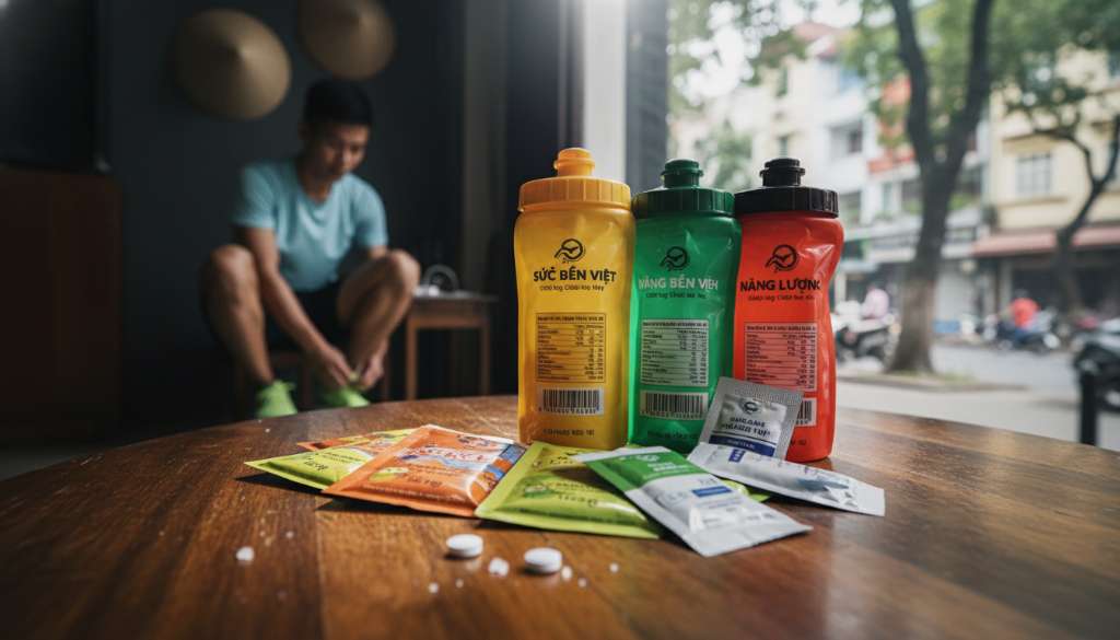 Cận cảnh các gói gel năng lượng nhiều màu sắc, viên muối điện giải và bình nước mềm chuyên dụng đặt trên mặt bàn gỗ, ánh sáng tập trung làm nổi bật các thương hiệu dinh dưỡng thể thao.