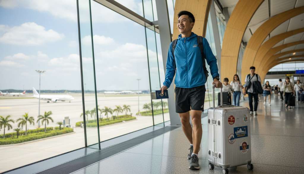 Một runner đang kéo vali tại sân bay, trên vali có dán sticker của một giải marathon, tay cầm hộ chiếu và gương mặt tràn đầy hào hứng hướng về phía đường băng.