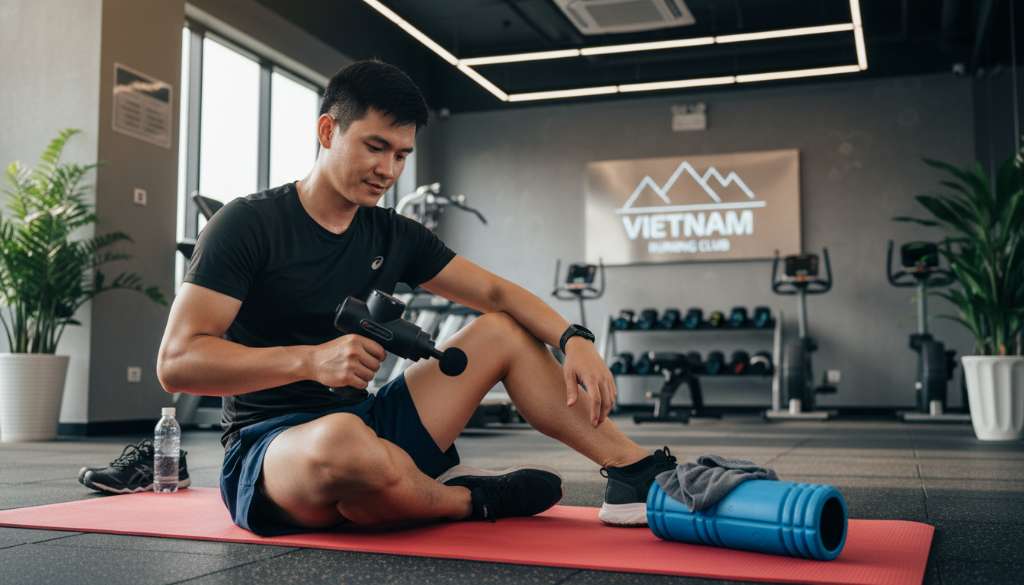 Một runner đang sử dụng súng massage để thư giãn cơ đùi sau buổi chạy dài, bên cạnh là con lăn foam roller và thảm yoga trong một phòng tập hiện đại.