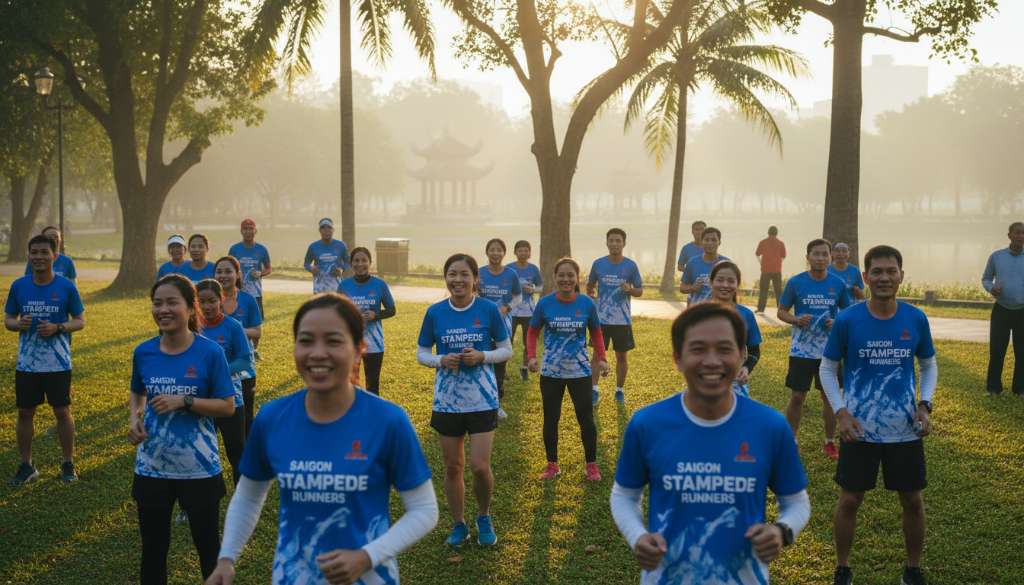 Một nhóm runner đông đảo đang cùng nhau khởi động tại công viên vào lúc bình minh, họ mặc áo đồng phục câu lạc bộ, nụ cười rạng rỡ thể hiện sự gắn kết cộng đồng.