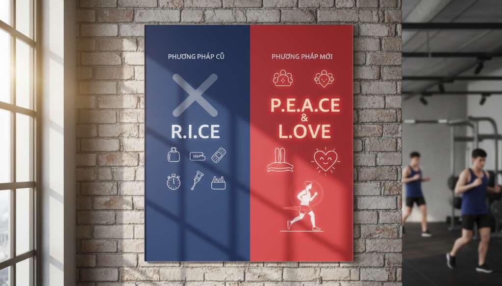 Một infographic hiện đại, phong cách tối giản với hai tông màu xanh và đỏ. Một bên là biểu tượng R.I.C.E bị gạch chéo nhẹ, một bên là biểu tượng P.E.A.C.E & L.O.V.E rực rỡ với các icon minh họa: đôi chân kê cao, trái tim lạc quan và một Runner đang tập nhẹ với dây kháng lực.