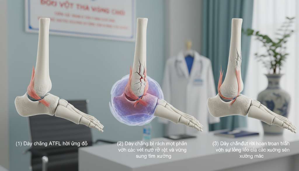 Hình ảnh minh họa giải phẫu 3D của khớp cổ chân. Ba sơ đồ cạnh nhau thể hiện: (1) Dây chằng ATFL hơi ửng đỏ, (2) Dây chằng bị rách một phần với các vết nứt rõ rệt và vùng sưng tím xung quanh, (3) Dây chằng đứt rời hoàn toàn với sự lỏng lẻo của các xương sên và xương mác.
