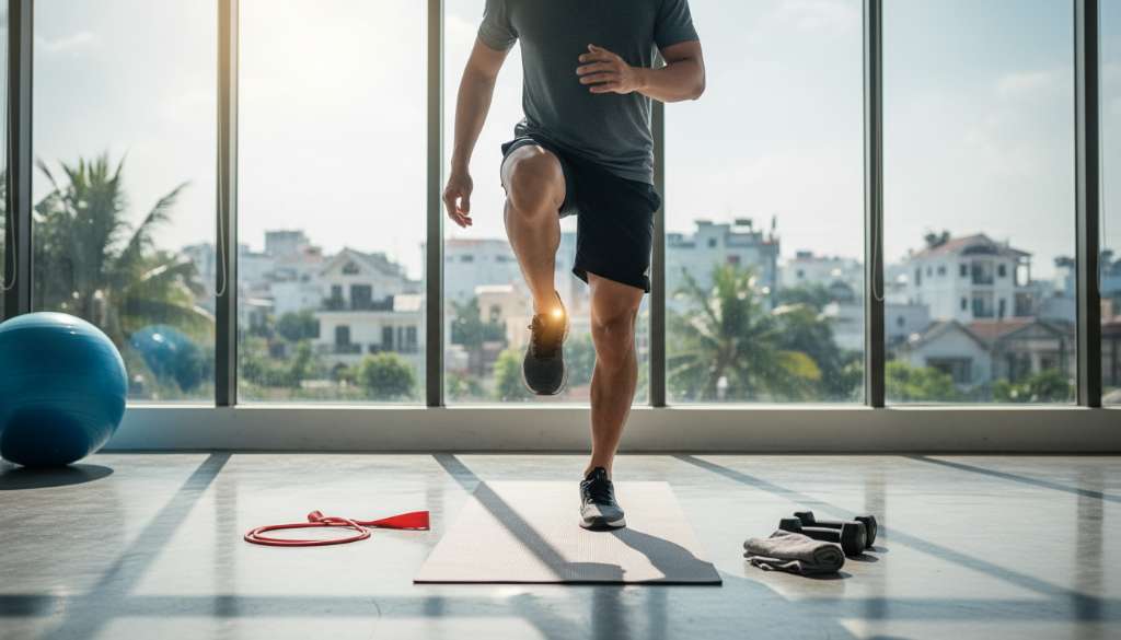 Một Runner trong trang phục thể thao hiện đại đang thực hiện bài tập đứng một chân trên một tấm thảm tập Yoga cao cấp. Ánh sáng tập trung vào vùng cổ chân và bắp chân đang gồng lên để giữ thăng bằng, xung quanh là các phụ kiện như dây kháng lực và bóng tập.