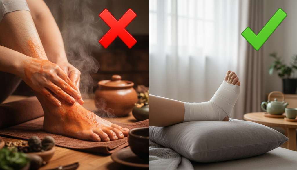 Hình ảnh so sánh chia đôi màn hình (Split screen). Một bên có dấu X đỏ: Bàn chân đang được xoa dầu nóng đỏ rực. Một bên có dấu tick xanh: Bàn chân được băng ép nhẹ nhàng bằng băng thun y tế và kê cao trên gối mềm trong không gian nghỉ ngơi thư giãn.