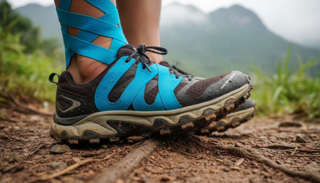 Ảnh chụp cận cảnh (Macro) một đôi giày chạy bộ chuyên dụng cho địa hình với phần đế gai hầm hố và bề ngang đế rộng. Trên cổ chân của Runner là các dải băng Kinesiology màu xanh neon được dán nghệ thuật theo hình chữ U và số 8 để hỗ trợ dây chằng.