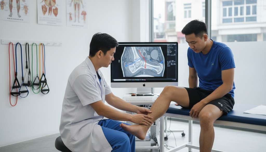 Một không gian phòng khám y học thể thao hiện đại, sạch sẽ. Bác sĩ đang dùng tay thực hiện nghiệm pháp kiểm tra độ vững của khớp cổ chân cho một vận động viên. Trên màn hình máy tính phía sau là hình ảnh phim chụp MRI chi tiết các dải dây chằng.