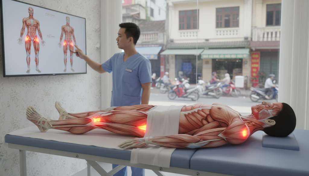 Hình ảnh minh họa giải phẫu 3D chuyên sâu, tập trung vào khung chậu và các nhóm cơ khép đùi. Các vùng bị viêm hoặc quá tải được đánh dấu bằng hiệu ứng ánh sáng đỏ rực, hiển thị rõ sự kết nối giữa cơ thắt lưng chậu và xương đùi.