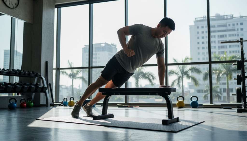 Ảnh chụp một vận động viên chuyên nghiệp đang thực hiện bài tập Copenhagen Plank trên thảm tập cao cấp. Cơ bắp vùng đùi trong hiển thị rõ nét, không gian phòng tập gym hiện đại với ánh sáng tự nhiên từ cửa sổ lớn.