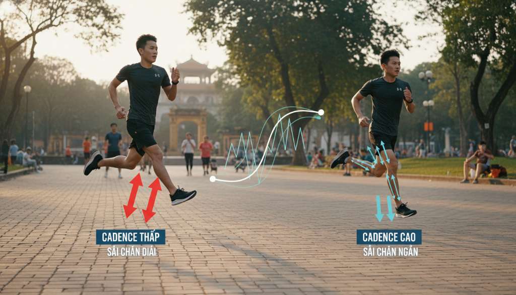 Biểu đồ so sánh đồ họa đẹp mắt, một bên là runner chạy sải chân dài (Cadence thấp) với các mũi tên lực lớn tác động vào háng, một bên là runner chạy sải chân ngắn (Cadence cao) với lực tác động phân bổ đều và nhẹ nhàng hơn.