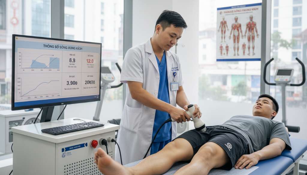 Ảnh chụp trong một phòng khám y học thể thao hiện đại. Bác sĩ đang sử dụng máy sóng xung kích (Shockwave) điều trị vùng háng cho một vận động viên. Trên màn hình máy tính bên cạnh hiển thị các thông số kỹ thuật của sóng âm.