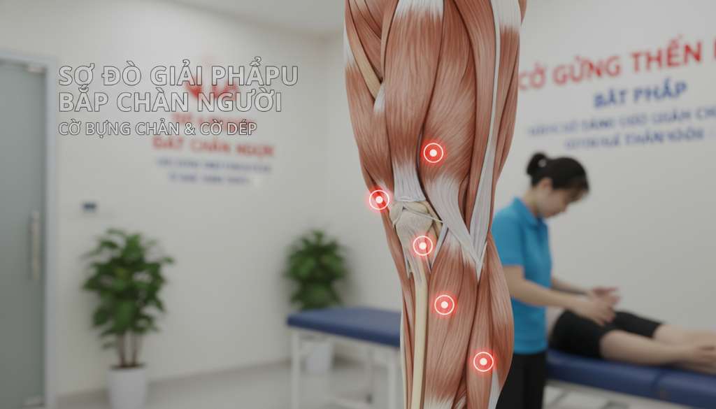 Sơ đồ giải phẫu 3D vùng bắp chân người, thể hiện rõ sự khác biệt giữa cơ bụng chân hai đầu và cơ dép bên dưới, với các điểm đánh dấu màu đỏ tại các vị trí thường xảy ra rách cơ nhất.