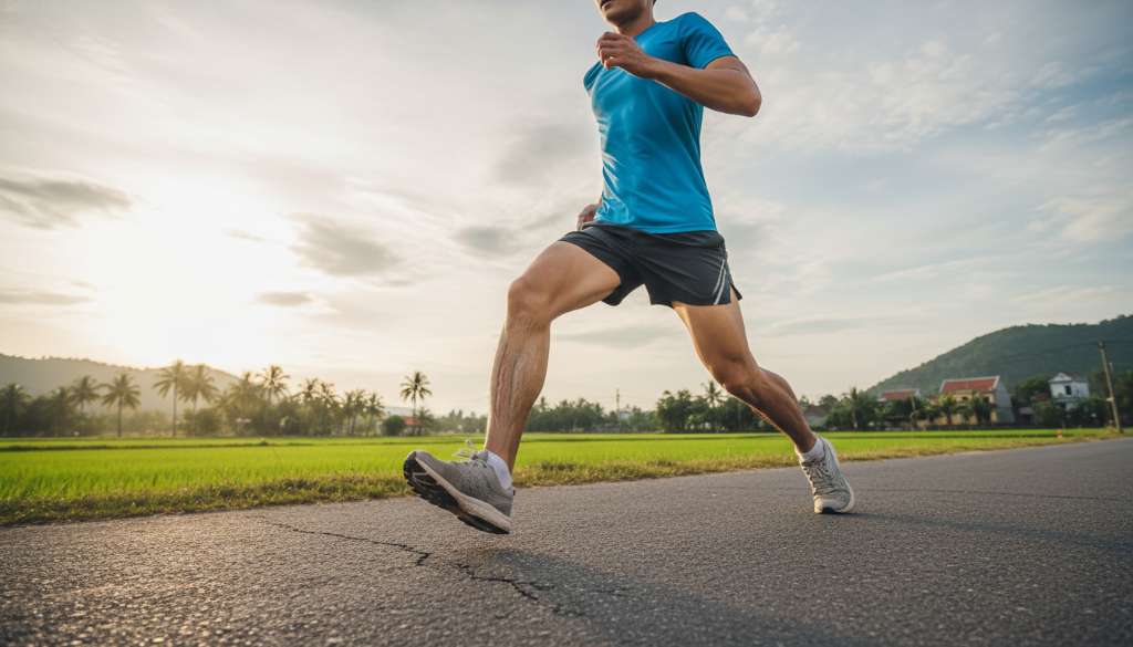 Ảnh chụp từ dưới lên của một runner đang chạy trên mặt đường nhựa, tập trung vào tư thế tiếp đất bằng mũi chân, các sợi cơ bắp chân hiện rõ sự căng thẳng dưới áp lực của sải chân.