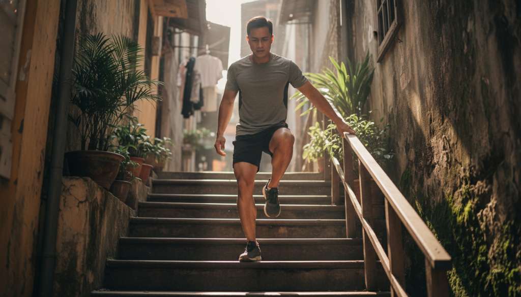 Ảnh chụp thực tế một vận động viên đang thực hiện bài tập Heel Drops trên bậc cầu thang gỗ, tập trung vào chuyển động hạ gót chân xuống thấp, thể hiện sự kiểm soát và kéo căng cơ bắp chân.