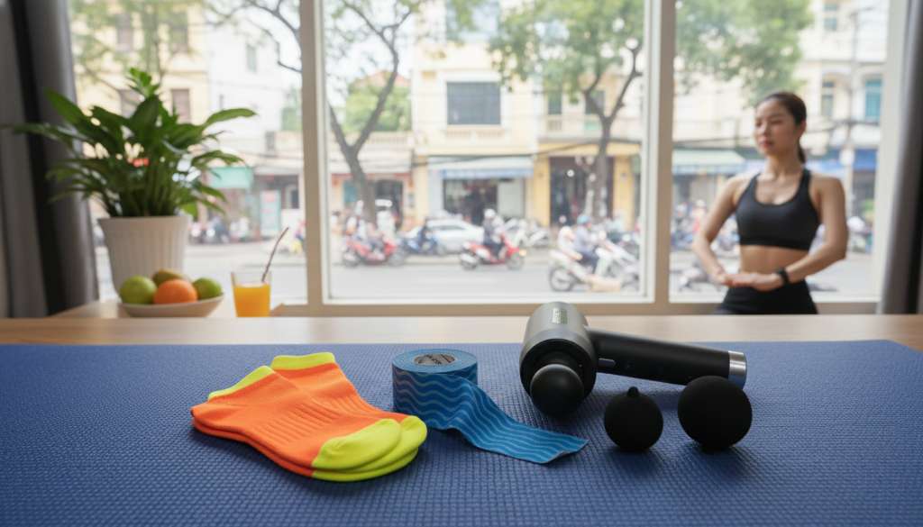 Một bộ sưu tập các phụ kiện chạy bộ hiện đại gồm: một đôi tất nén màu neon, cuộn băng dán cơ K-Tape và một chiếc súng massage cầm tay đặt trên thảm tập yoga.