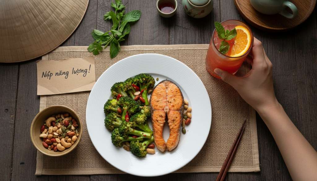 Một đĩa ăn dinh dưỡng dành cho vận động viên gồm cá hồi áp chảo, bông cải xanh, các loại hạt và một ly nước điện giải màu cam rực rỡ, trình bày theo phong cách flatlay nghệ thuật.