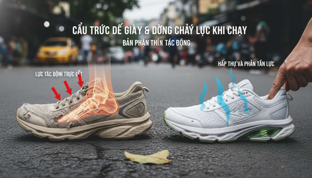 Một infographic sáng tạo mô tả một đôi giày chạy bộ cũ nát với phần đế mòn vẹt, bên cạnh là sơ đồ dòng lực (force arrows) đâm thẳng từ mặt đất xuyên qua đế giày vào xương bàn chân, tương phản với một đôi giày mới có lớp đệm dày hấp thụ lực.