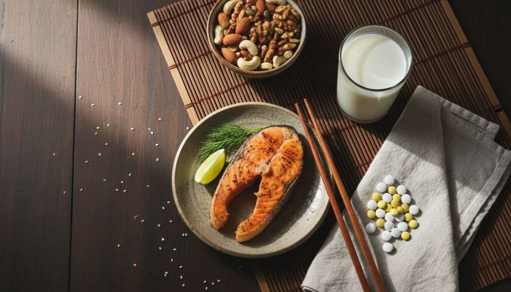 Một bức ảnh flat-lay nghệ thuật gồm các thực phẩm giàu dinh dưỡng cho xương: một miếng cá hồi áp chảo, một ly sữa tươi, các loại hạt khô và các viên thực phẩm chức năng bổ sung D3-K2 đặt trên mặt bàn gỗ tối màu.