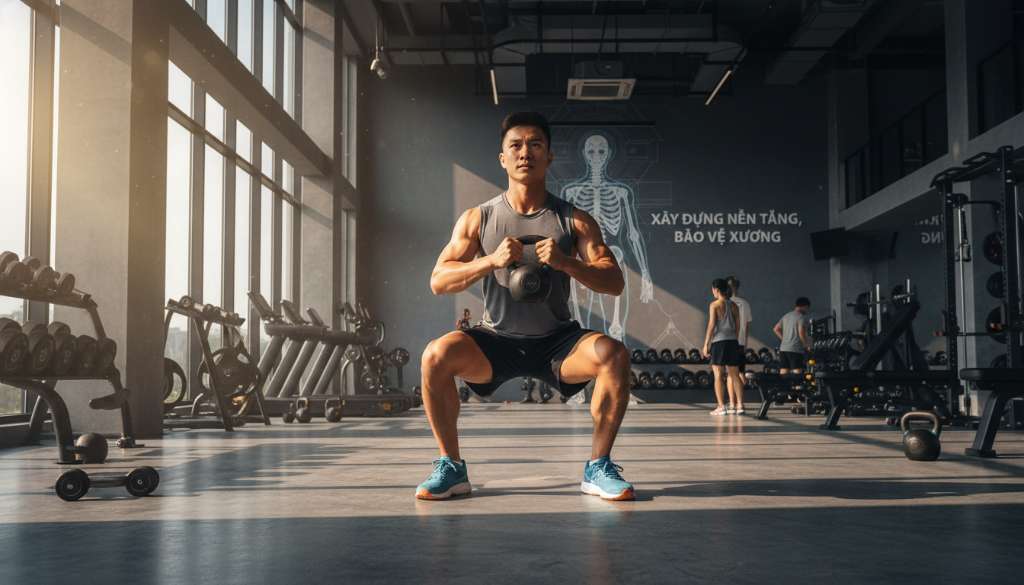 Một runner đang thực hiện bài tập Squat với tạ ấm (kettlebell) trong phòng gym hiện đại, ánh nắng chiều chiếu qua cửa sổ tạo nên vẻ khỏe khoắn, biểu tượng cho việc xây dựng nền tảng sức mạnh để bảo vệ xương.