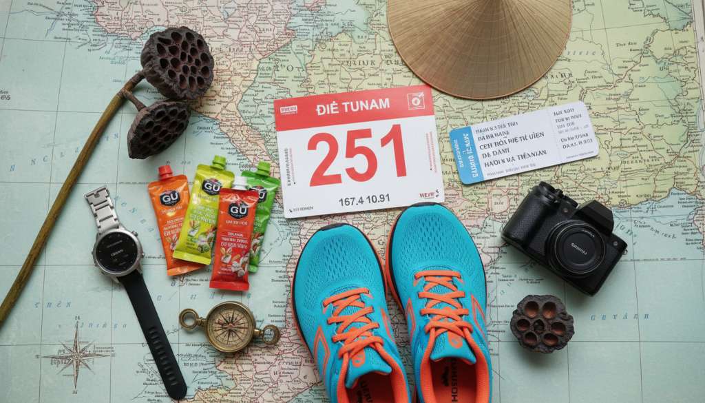 Một bức ảnh flatlay sắp xếp tinh tế trên nền bản đồ cổ điển, bao gồm: một số báo danh (BIB), một đôi giày chạy bộ chuyên dụng, một chiếc đồng hồ Garmin, vài gói gel năng lượng, vé máy bay và một chiếc máy ảnh mirrorless nhỏ gọn.