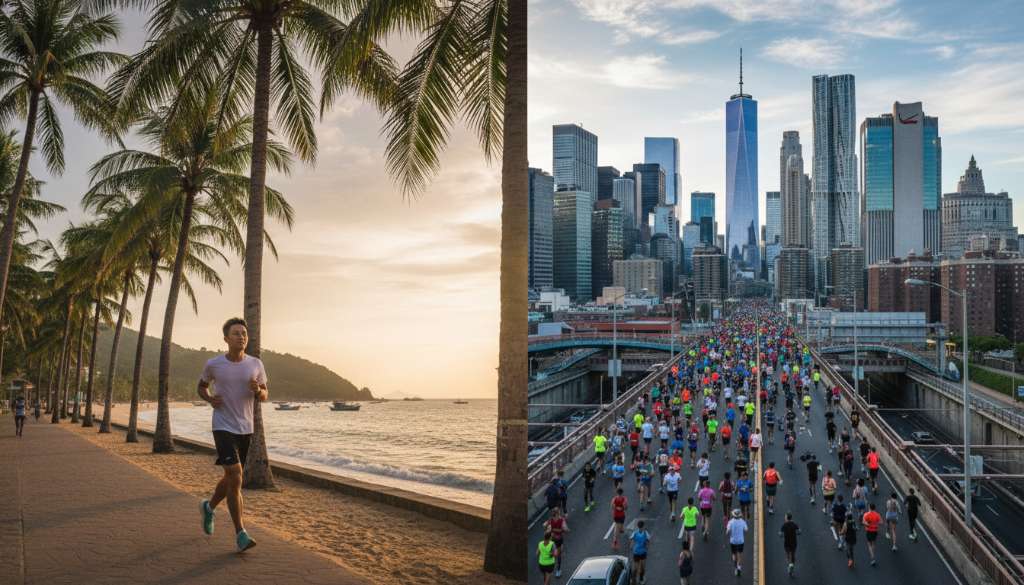 Ảnh ghép chia đôi màn hình đầy nghệ thuật: Một bên là khung cảnh yên bình của vận động viên chạy dưới hàng dừa ven biển Việt Nam; bên kia là sự choáng ngợp của hàng vạn runner băng qua những tòa nhà chọc trời tại New York City.