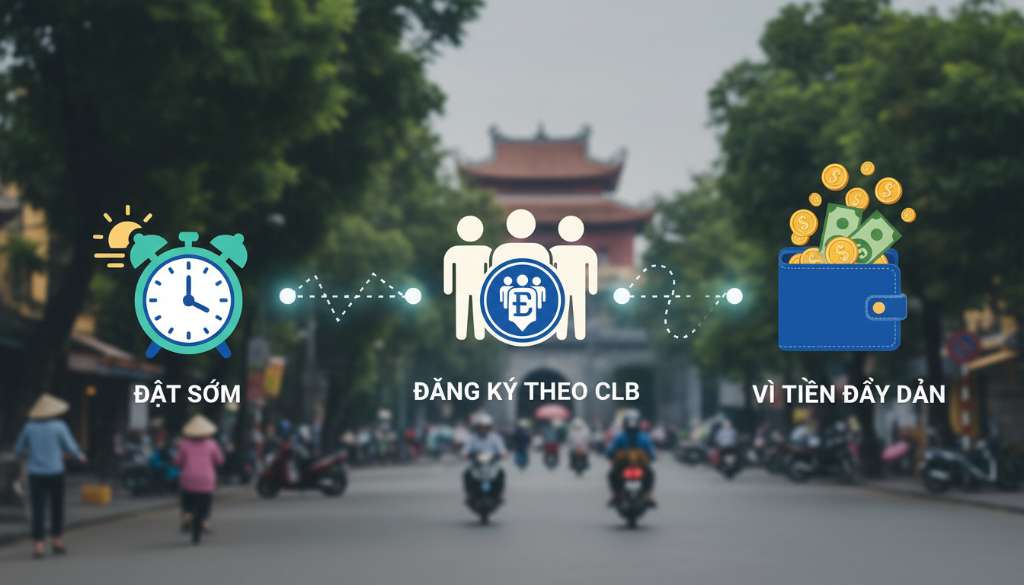 Một đồ họa infographic hiện đại minh họa lộ trình tiết kiệm chi phí: Biểu tượng đồng hồ báo thức (đặt sớm), biểu tượng nhóm người (đăng ký theo CLB), và biểu tượng ví tiền đang đầy dần lên.