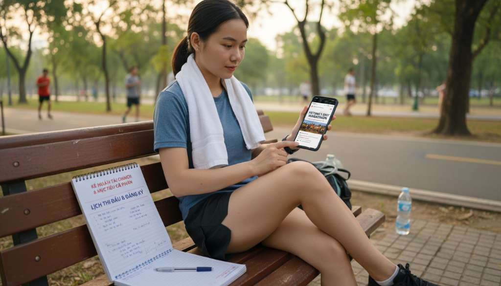 Một runner trẻ đang ngồi thư giãn sau buổi tập, tay cầm điện thoại đang mở trang web Vietnam's Best Marathon để tra cứu lịch thi đấu, bên cạnh là một cuốn sổ tay ghi chép kế hoạch tài chính và mục tiêu cá nhân.