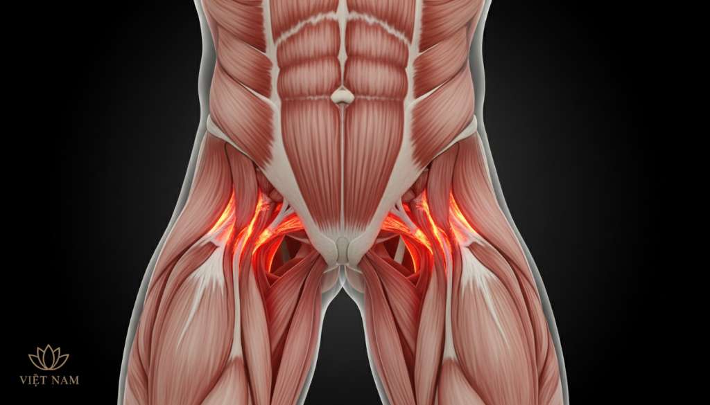 Hình ảnh minh họa đồ họa 3D giải phẫu nhóm cơ đùi trong của con người, các bó cơ khép được tô màu đỏ rực ở điểm bám gần xương chậu để biểu thị vị trí rách cơ. Nền ảnh tối tối giản, làm nổi bật sự phức tạp của các nhóm cơ và gân vùng háng.