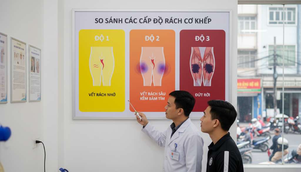 Một bảng infographic so sánh ba cấp độ rách cơ khép với các biểu tượng trực quan: Độ 1 (vết rách nhỏ), Độ 2 (vết rách sâu kèm bầm tím), Độ 3 (đứt rời). Màu sắc chuyển từ vàng sang cam và đỏ đậm để cảnh báo mức độ nguy hiểm.