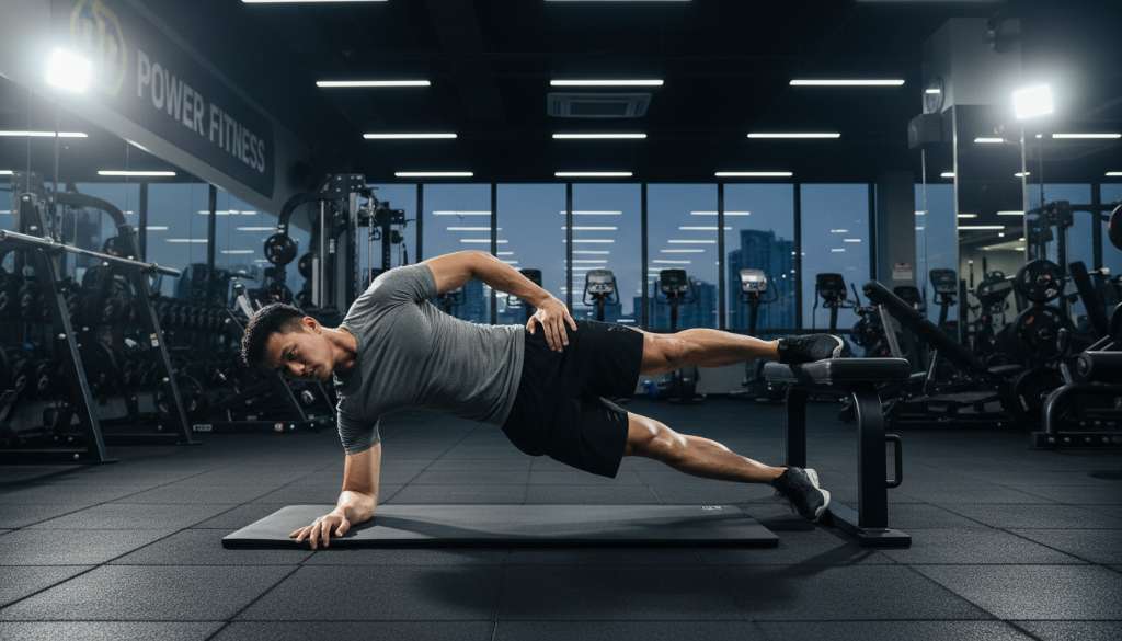 Ảnh một vận động viên đang thực hiện bài tập Copenhagen Adduction trên thảm tập: một chân đặt trên ghế bench, chân còn lại khép vào, cơ thể giữ thẳng trong tư thế plank nghiêng. Ánh sáng phòng tập gym hiện đại, tập trung vào sự gồng chắc của nhóm cơ đùi trong.