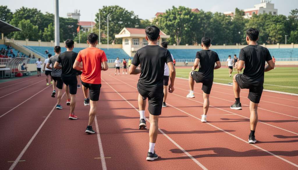 Ảnh chụp từ phía sau một nhóm runner đang thực hiện các bài khởi động động trên đường chạy pitch. Các động tác nâng cao đùi và đá chân sang bên được thực hiện đồng đều, thể hiện sự chuẩn bị chuyên nghiệp trước bài tập tốc độ.