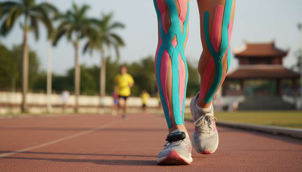 Một bức ảnh cận cảnh đôi chân của runner, trên vùng đùi trong có dán những dải băng K-Tape màu xanh xanh và hồng đan chéo chuyên nghiệp. Trên giày có gắn một thiết bị cảm biến nhỏ màu đen, bối cảnh đường chạy mờ ảo phía sau.