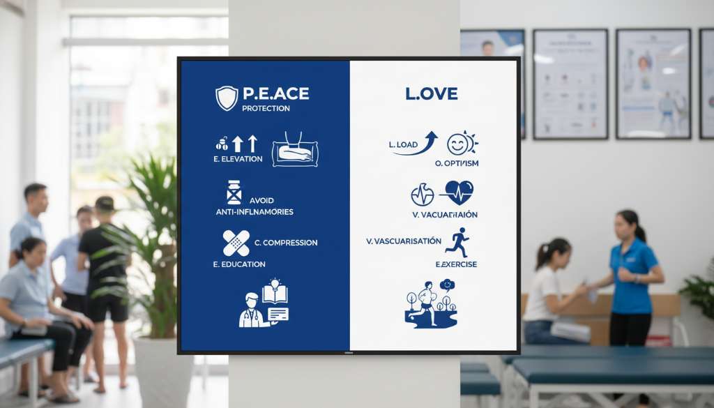 Ảnh đồ họa infographic hiện đại, chia đôi khung hình. Một bên minh họa phương pháp P.E.A.C.E (Protection, Elevation, Avoid Anti-inflammatories, Compression, Education) và một bên là L.O.V.E (Load, Optimism, Vascularisation, Exercise). Màu sắc thương hiệu xanh dương và trắng chuyên nghiệp.