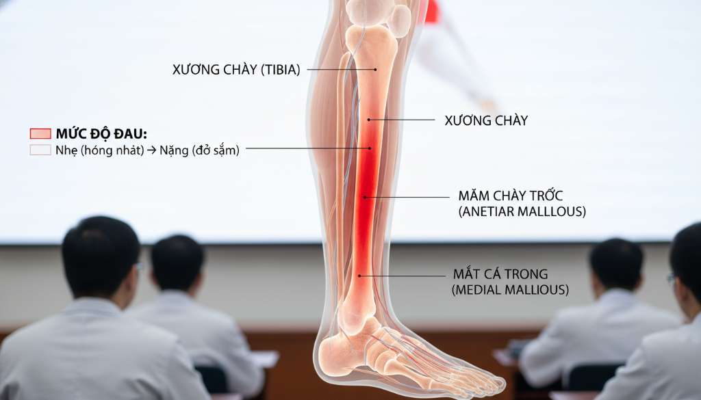 Hình ảnh minh họa giải phẫu 3D cẳng chân người, làm nổi bật xương chày (tibia) với các vùng màu đỏ gradient thể hiện mức độ đau từ nhẹ đến nặng ở cạnh trong xương. Chú thích rõ ràng bằng tiếng Việt.