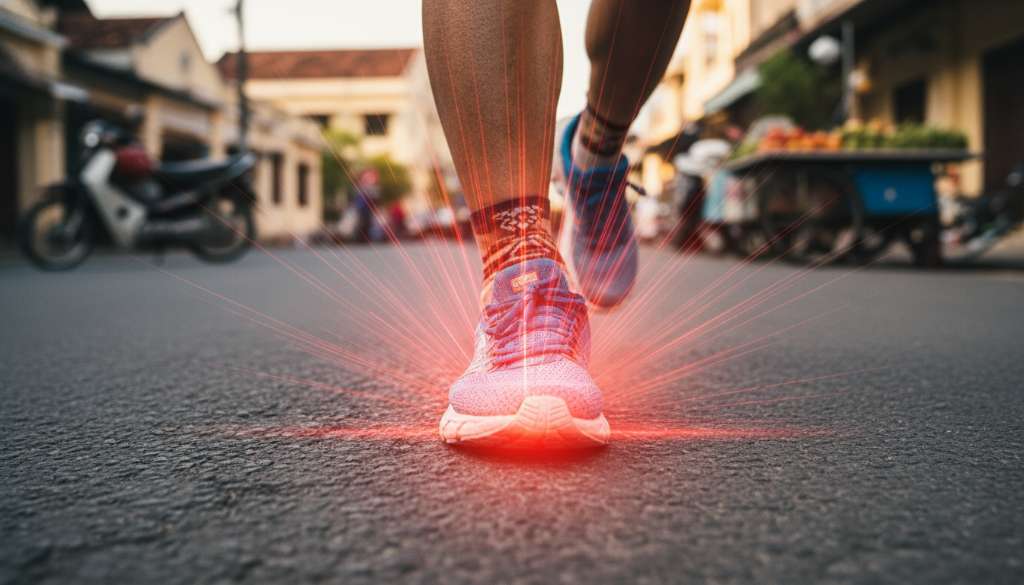 Ảnh chụp từ góc thấp (low-angle) cận cảnh bàn chân runner đang đáp xuống mặt đường nhựa cứng. Hiệu ứng tia sáng đỏ tỏa ra từ điểm tiếp xúc lan lên ống đồng để mô tả lực chấn động. Độ chi tiết cao, thấy rõ kết cấu mặt đường và giày chạy.