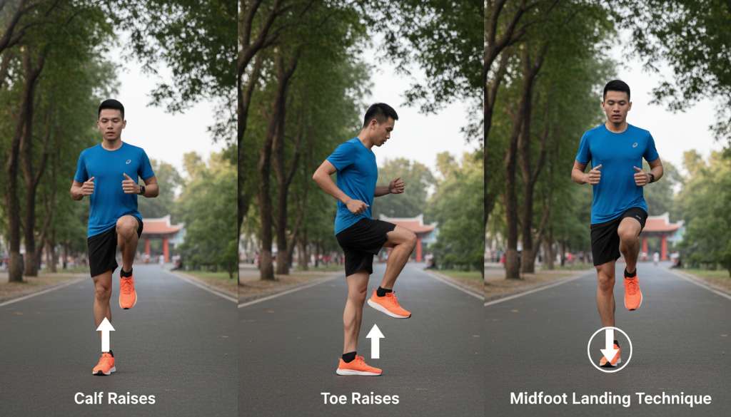Một bộ ảnh ghép (collage) gồm 3 khung hình hướng dẫn thực hiện bài tập Calf Raises, Toe Raises và kỹ thuật đáp chân Midfoot. Runner trong ảnh mặc đồ thể thao hiện đại, thực hiện động tác chuẩn xác, có mũi tên chỉ hướng chuyển động.